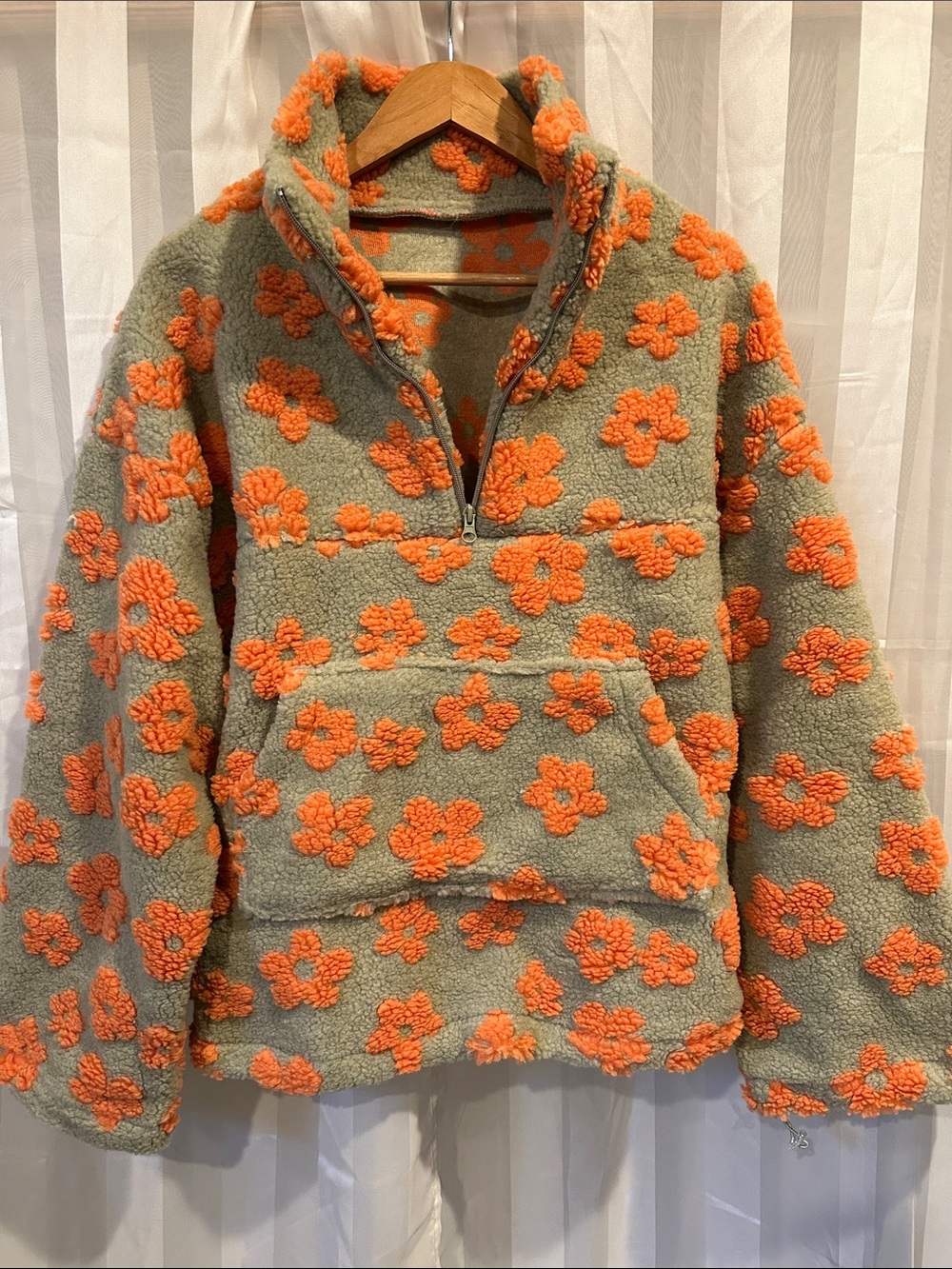 Sherpa Half-Zip Pullover Fleece - Orange Flowers on Green NWOT